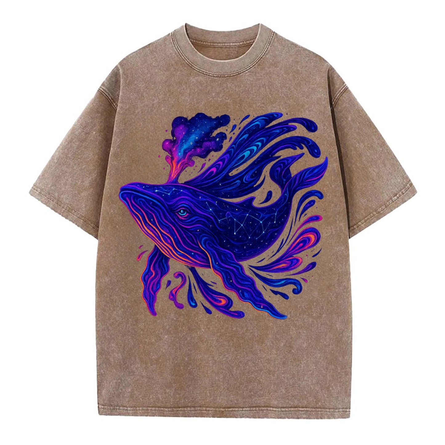 Majestic whale with body composed of galaxy clusters, stellar fins flowing like - Vintage T-shirt - Brown