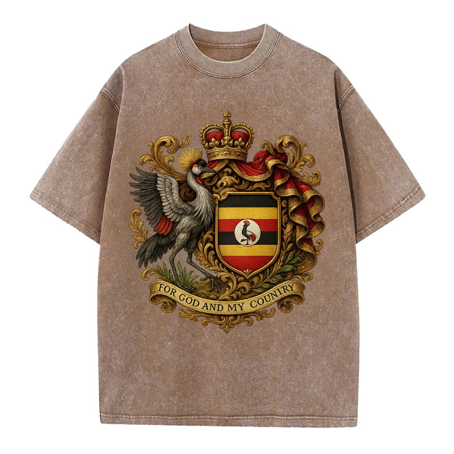 Uganda Crested Crane Emblem  - Vintage T-shirt - Brown