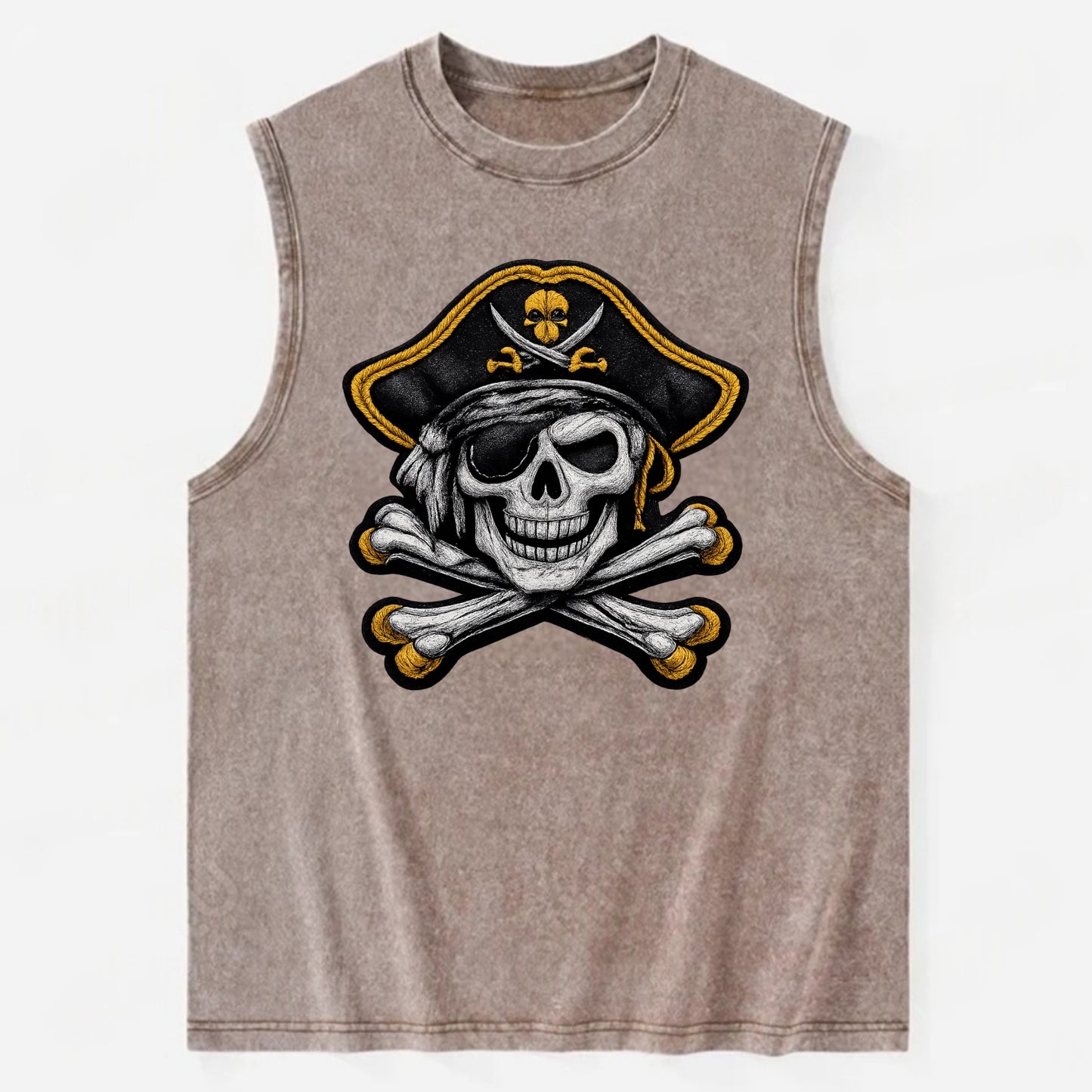 PIRATE SKULL - Jolly Roger skull in black and white , pirate - Vintage Washed Tank - Brown