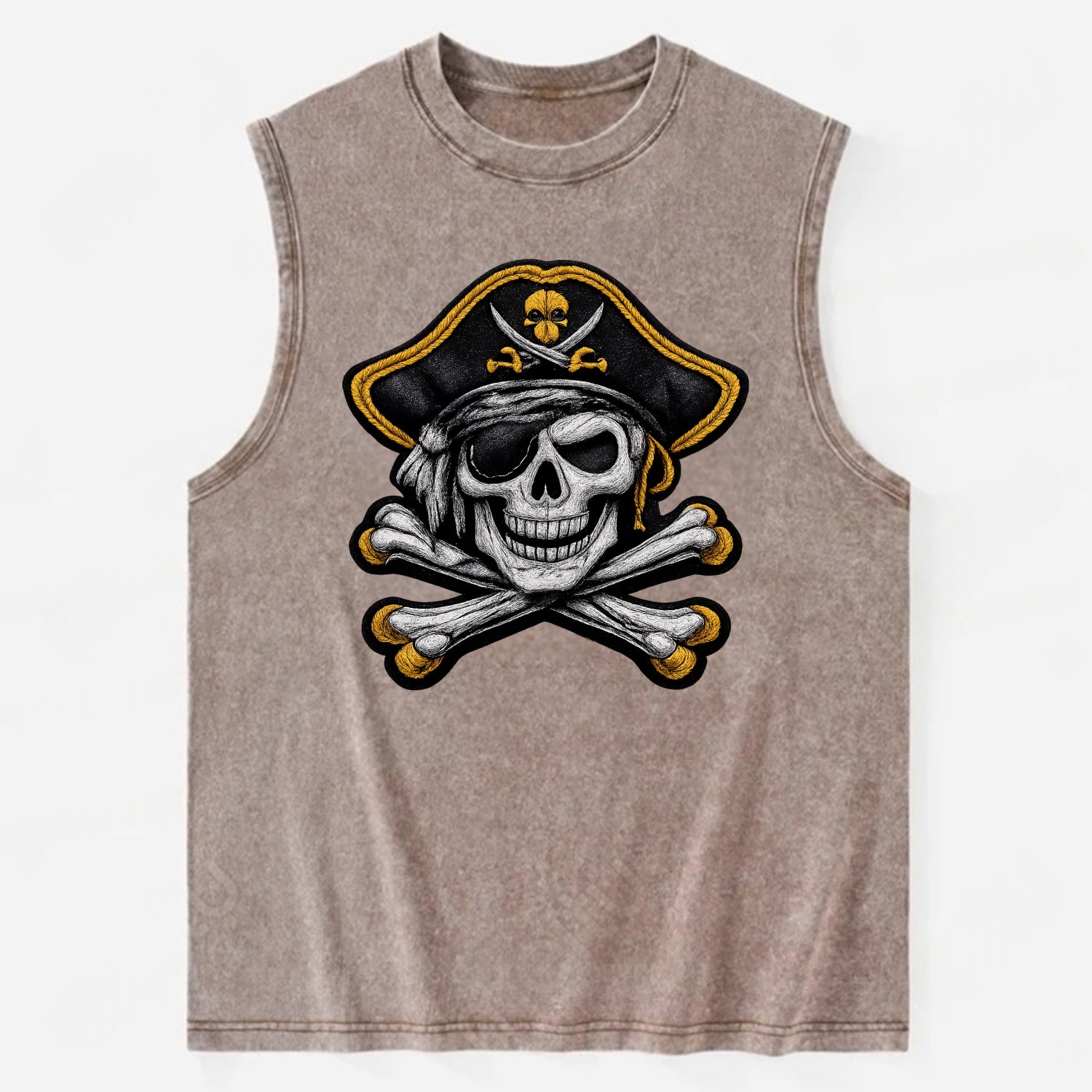 PIRATE SKULL - Jolly Roger skull in black and white , pirate - Vintage Washed Tank - Brown