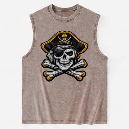 PIRATE SKULL - Jolly Roger skull in black and white , pirate - Vintage Washed Tank - Brown