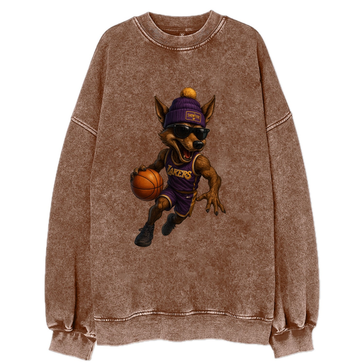 Hollywood Coyote wearing Lakers beanie with Showtime patch and wayfarer - Vintage Sweatshirt - Brown