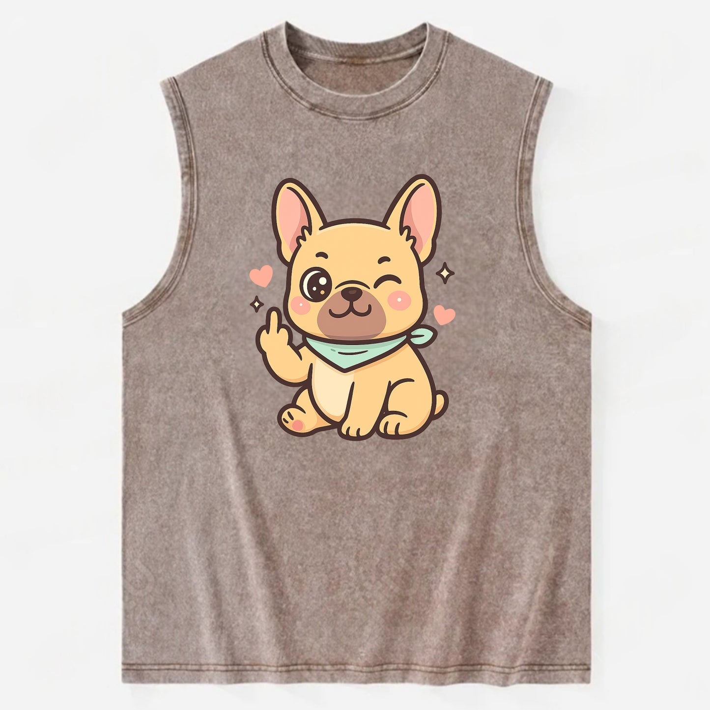 French Bulldog sitting with bat ears up, strong paw with sass - Vintage Washed Tank - Brown
