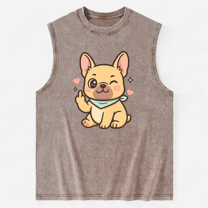 French Bulldog sitting with bat ears up, strong paw with sass - Vintage Washed Tank - Brown