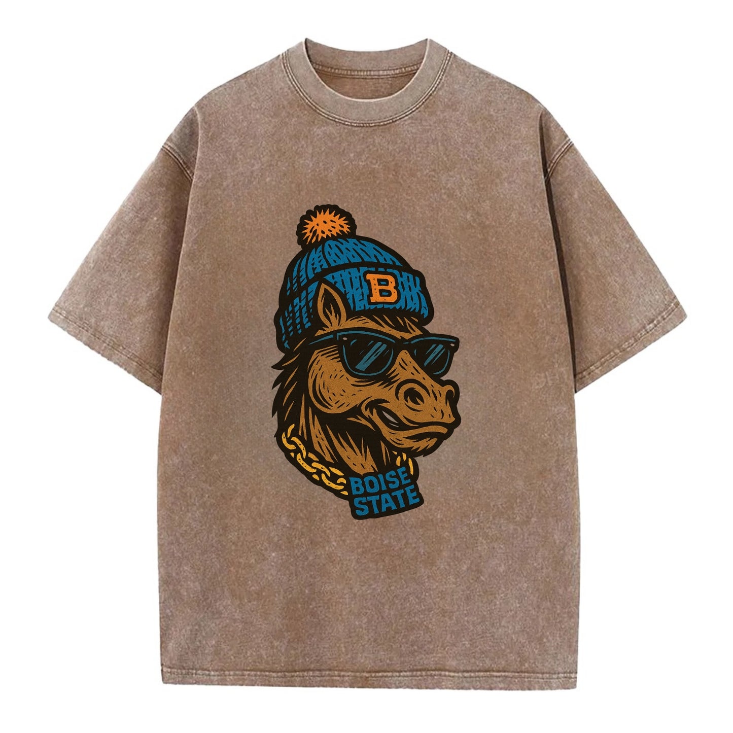 Boise Bronco wearing Boise State beanie with B patch - Vintage T-shirt - Brown