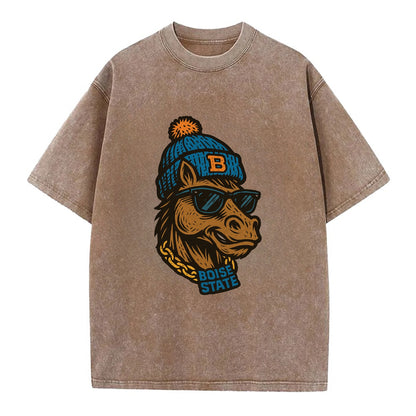 Boise Bronco wearing Boise State beanie with B patch - Vintage T-shirt - Brown