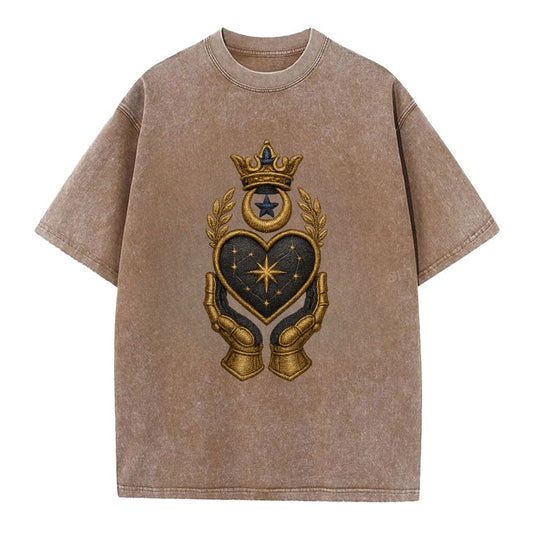 Crowned heart with Art Deco sunburst crown and geometric filigree hands cradling - Vintage T-shirt - Brown