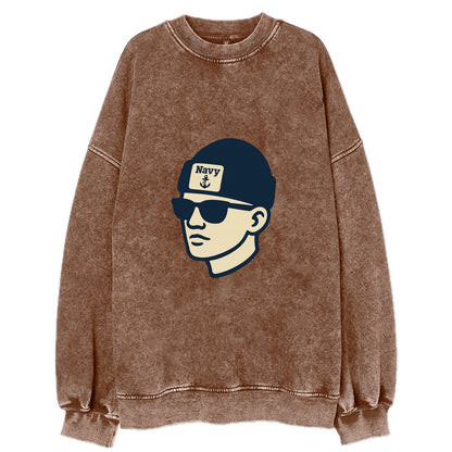 Annapolis Midshipman wearing Navy beanie with anchor patch - Vintage Sweatshirt - Brown