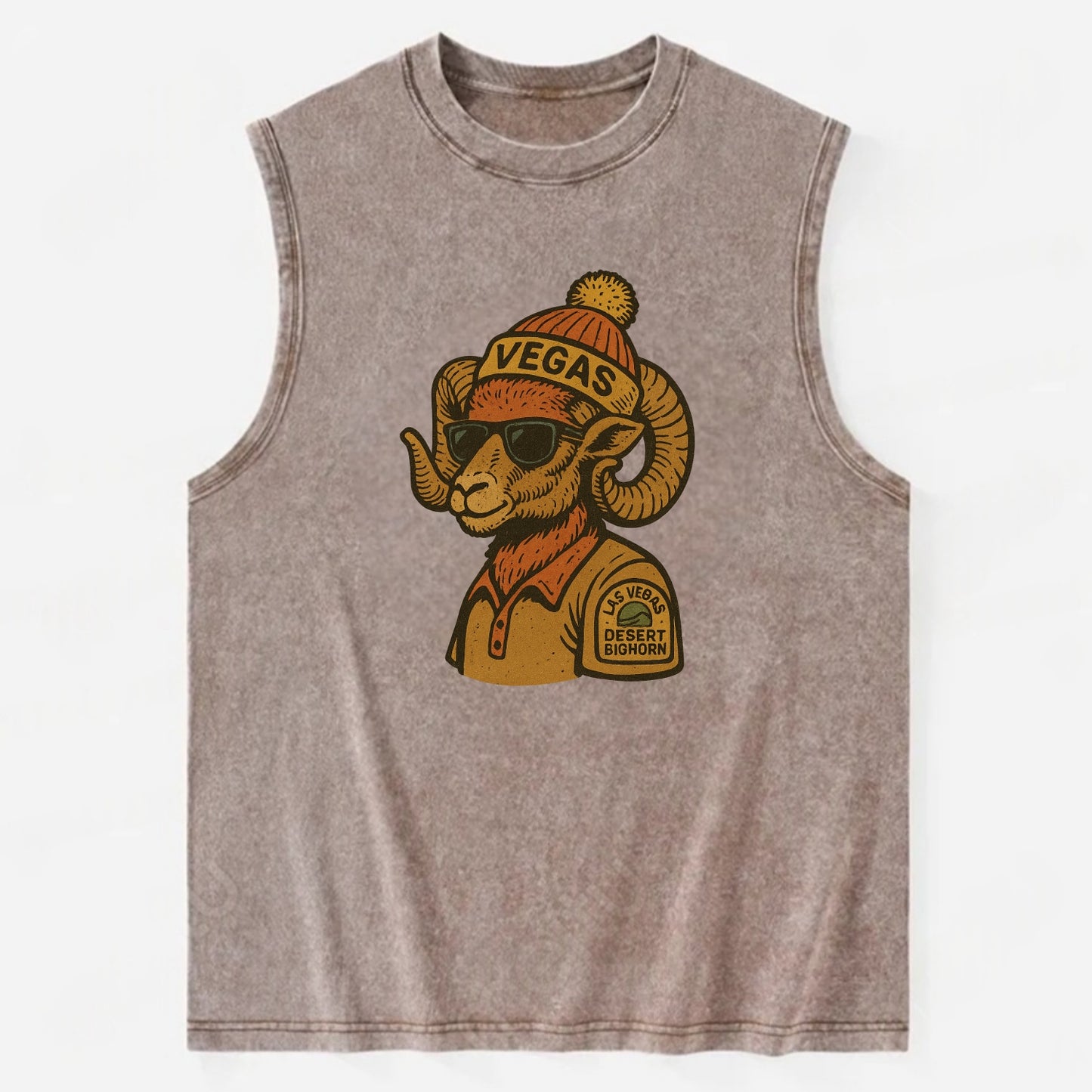 Las Vegas Desert Bighorn wearing Vegas beanie with pom pom and wayfarer - Vintage Washed Tank - Brown