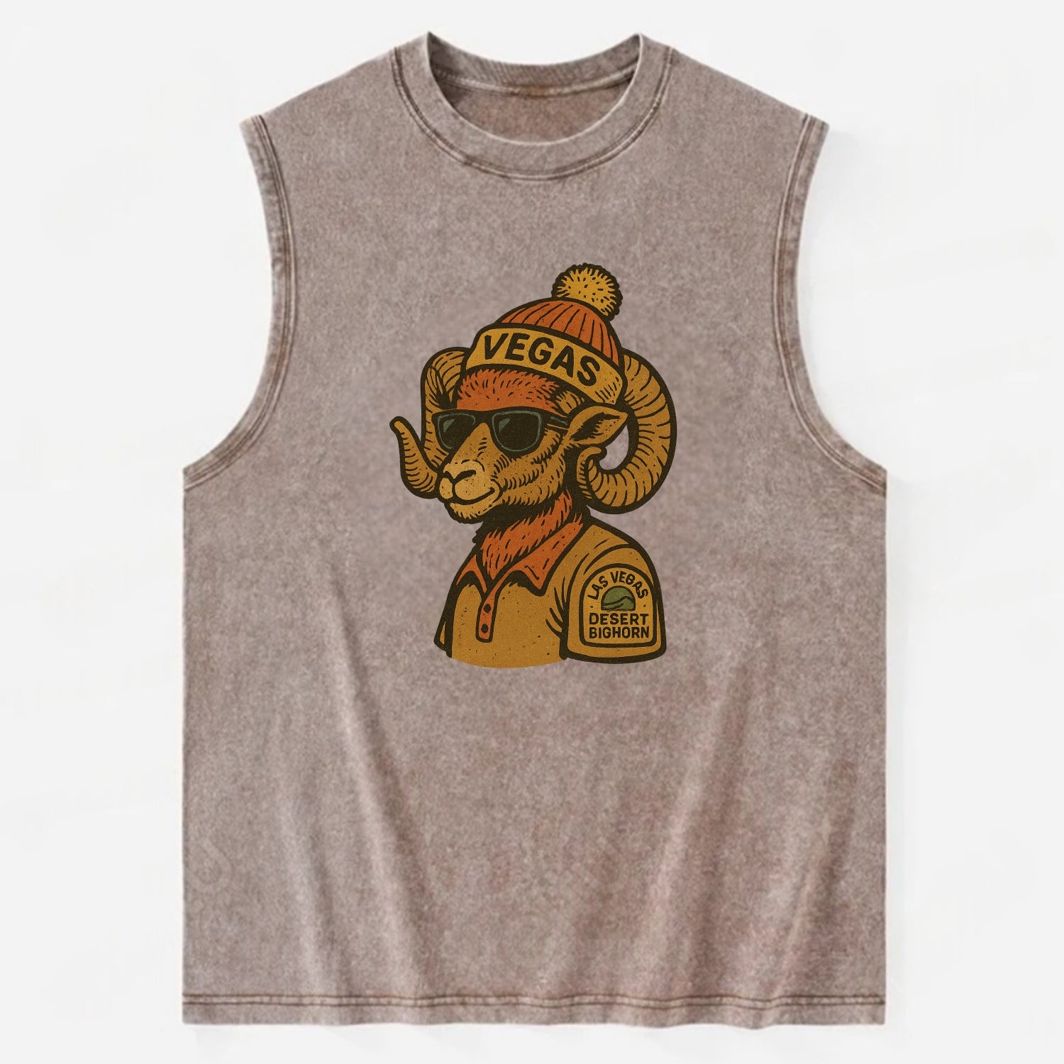 Las Vegas Desert Bighorn wearing Vegas beanie with pom pom and wayfarer - Vintage Washed Tank - Brown