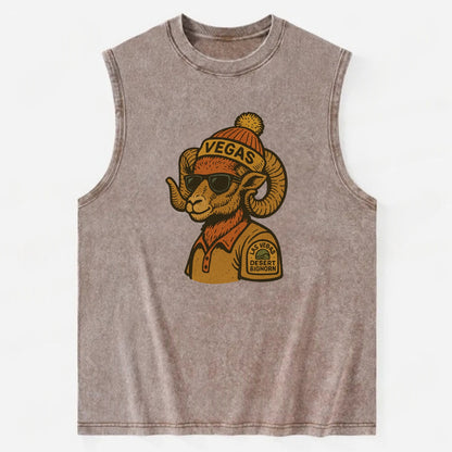 Las Vegas Desert Bighorn wearing Vegas beanie with pom pom and wayfarer - Vintage Washed Tank - Brown