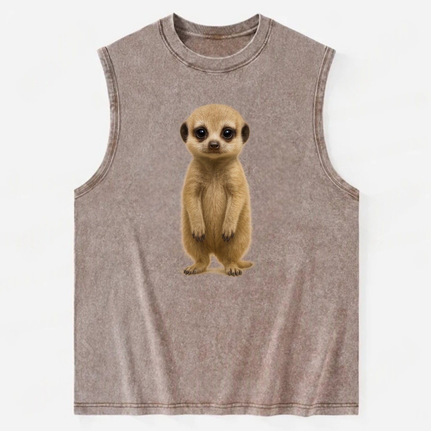 Baby Meerkat - tan fur, dark eye patches, alert stance, bright eyes, - Vintage Washed Tank - Brown