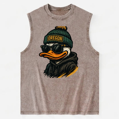 Eugene Duck wearing Oregon beanie with O patch - Vintage Washed Tank - Brown