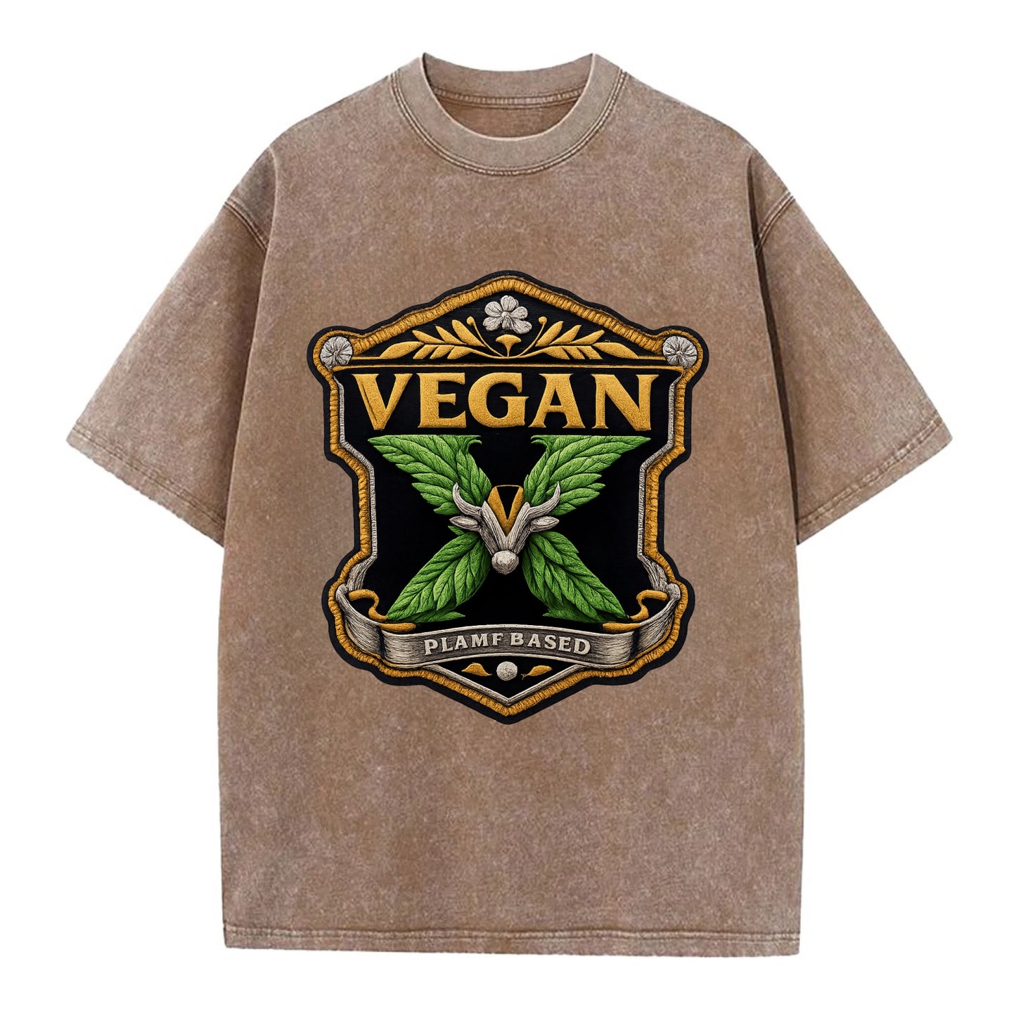 VEGAN X - plant-based symbol in green , animal rights - Vintage T-shirt - Brown