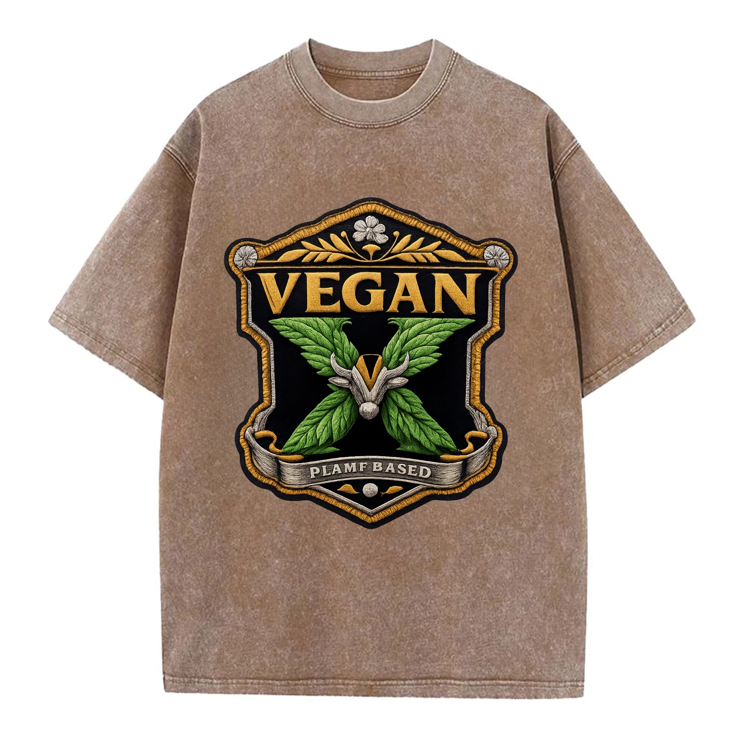 VEGAN X - plant-based symbol in green , animal rights - Vintage T-shirt - Brown
