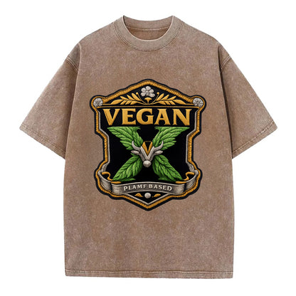 VEGAN X - plant-based symbol in green , animal rights - Vintage T-shirt - Brown