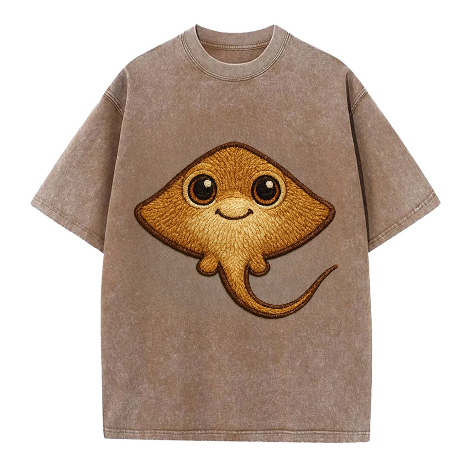 Baby Stingray - flat body, long tail, eyes on top, front-facing, friendly - Vintage T-shirt - Brown