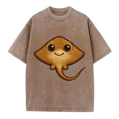 Baby Stingray - flat body, long tail, eyes on top, front-facing, friendly - Vintage T-shirt - Brown