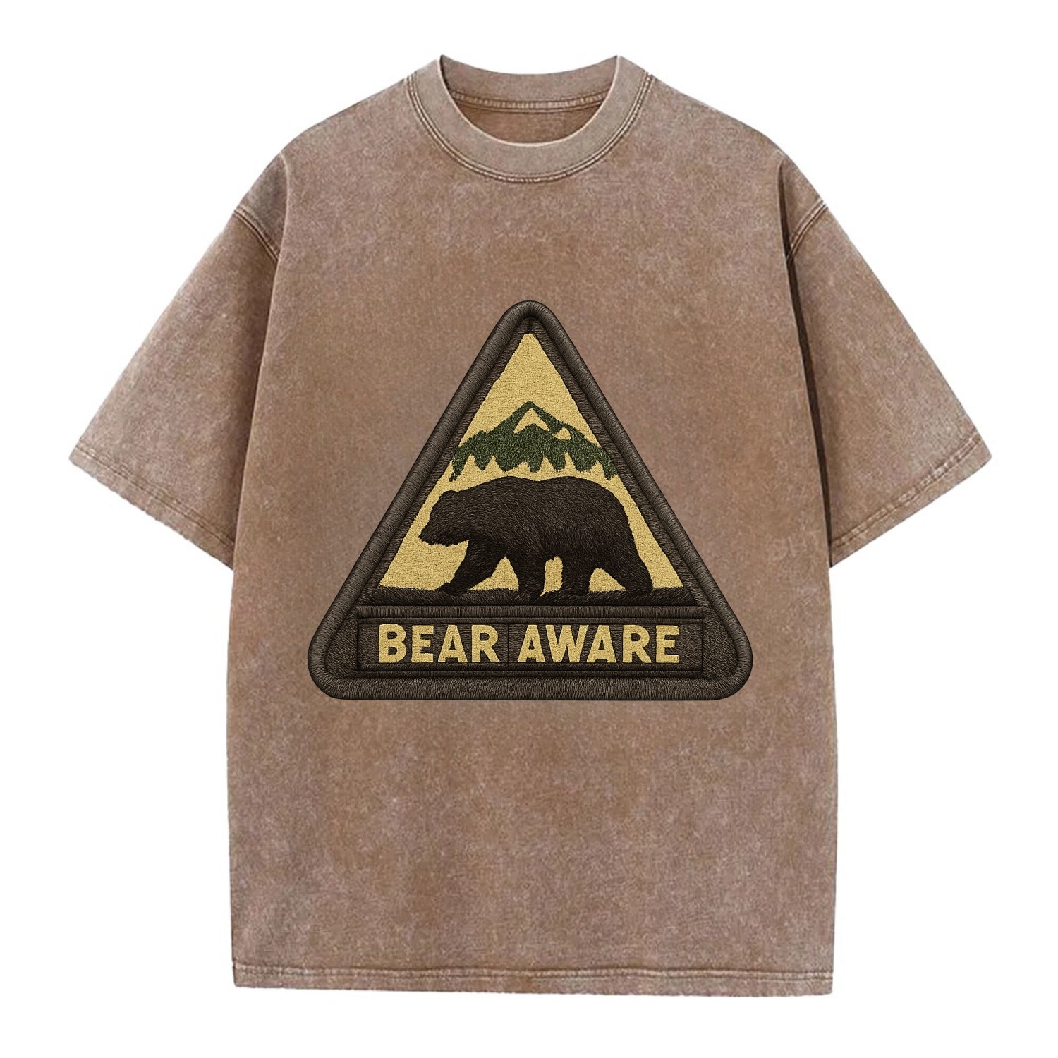 BEAR AWARE - bear silhouette warning in brown and yellow , wilderness safety - Vintage T-shirt - Brown