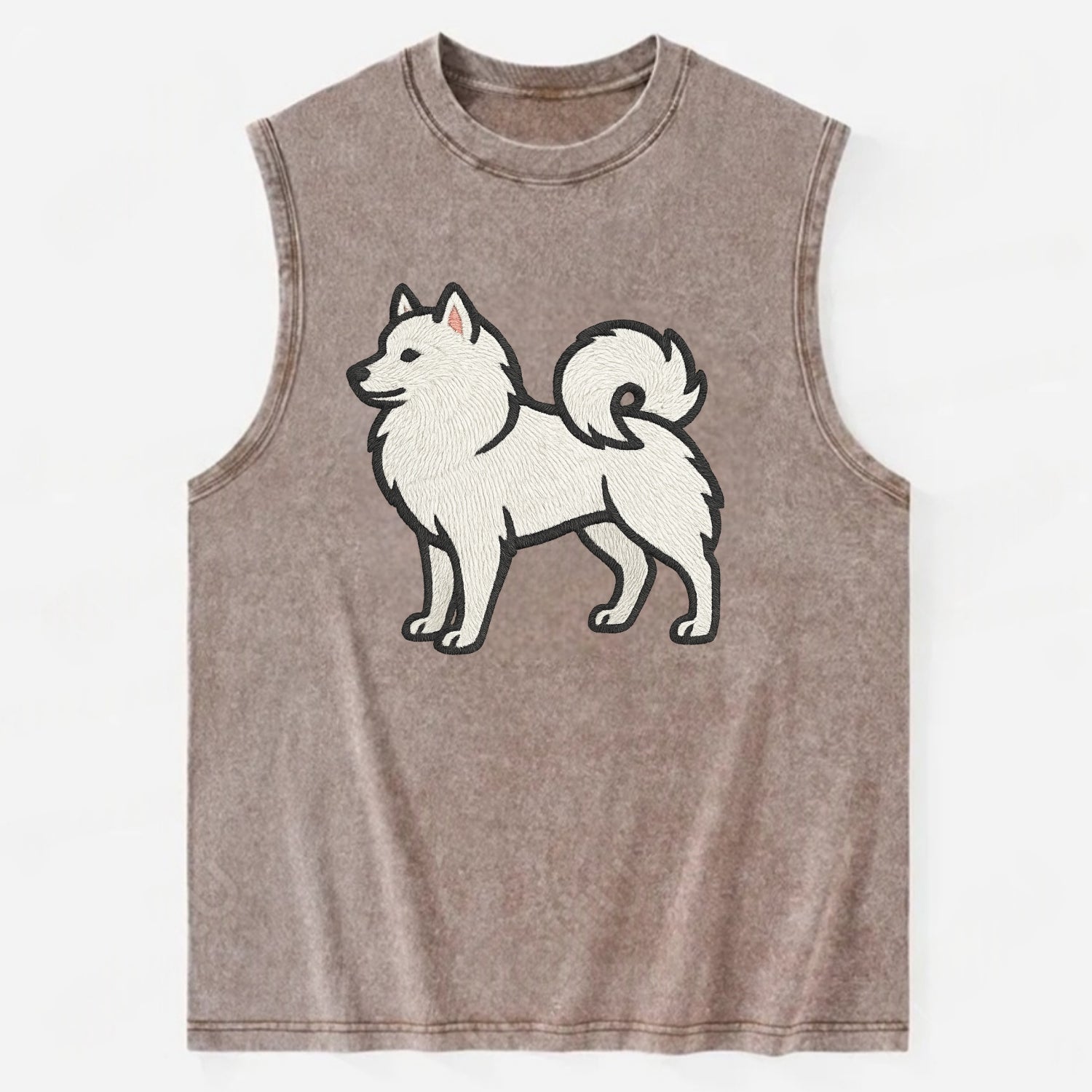 American Eskimo Dog - White spitz embroidered standing design - Vintage Washed Tank - Brown