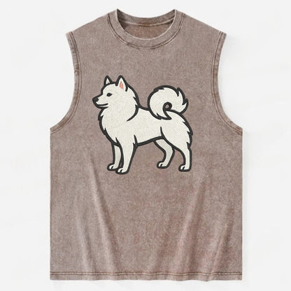 American Eskimo Dog - White spitz embroidered standing design - Vintage Washed Tank - Brown