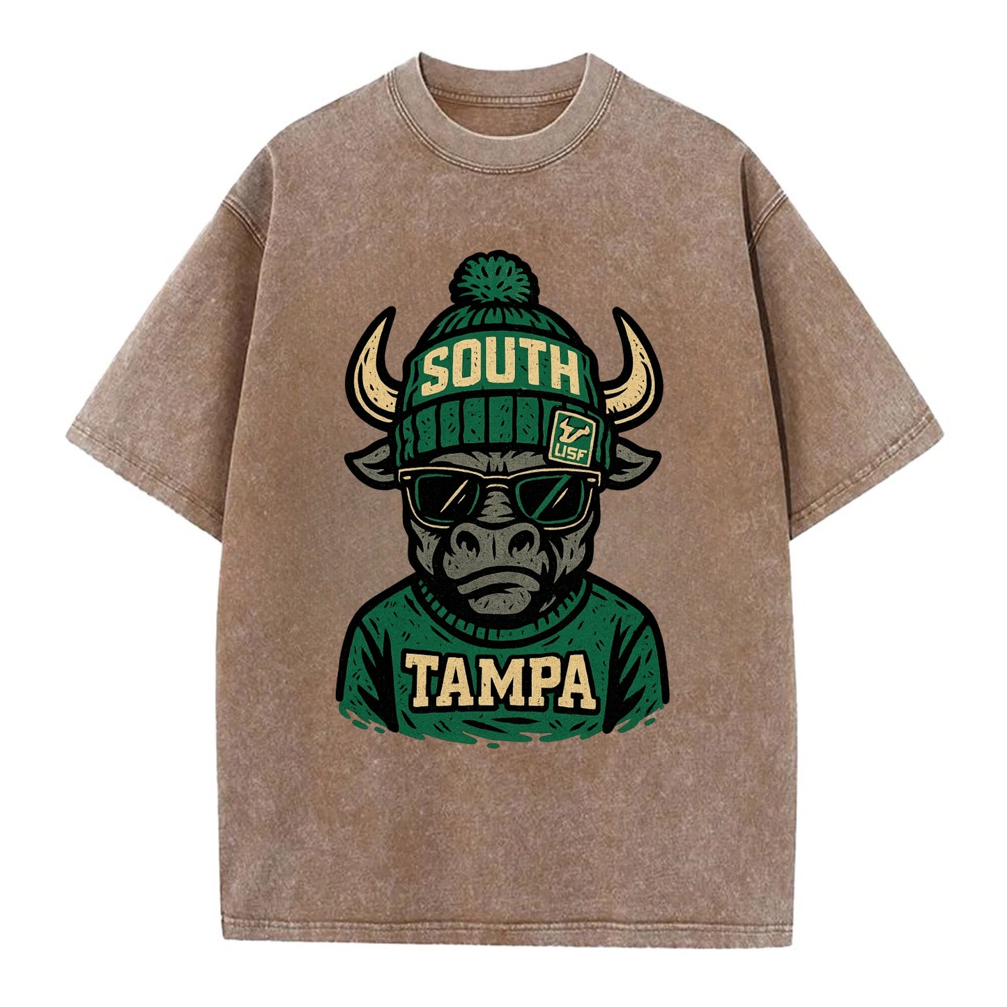 Tampa Bull wearing South Florida beanie with USF patch - Vintage T-shirt - Brown