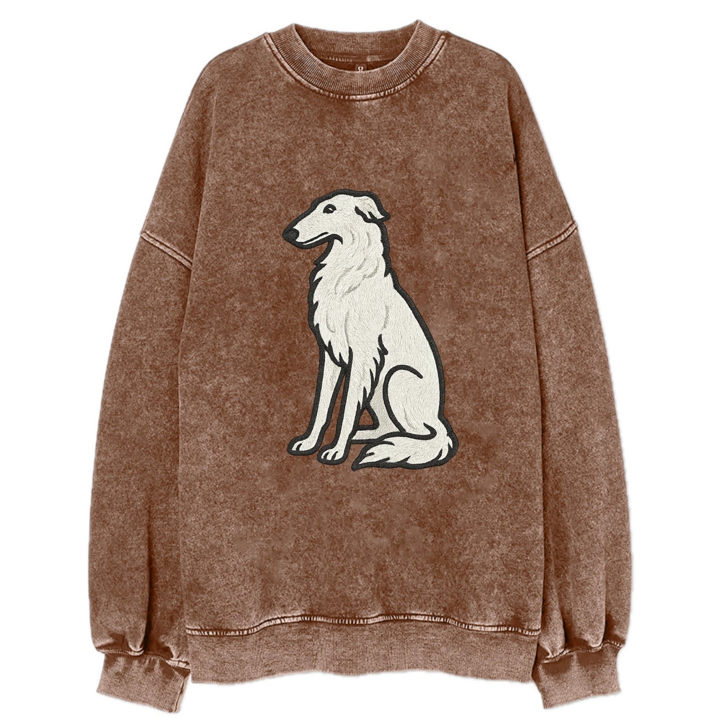 Borzoi - White embroidered sitting pose - Vintage Sweatshirt - Brown