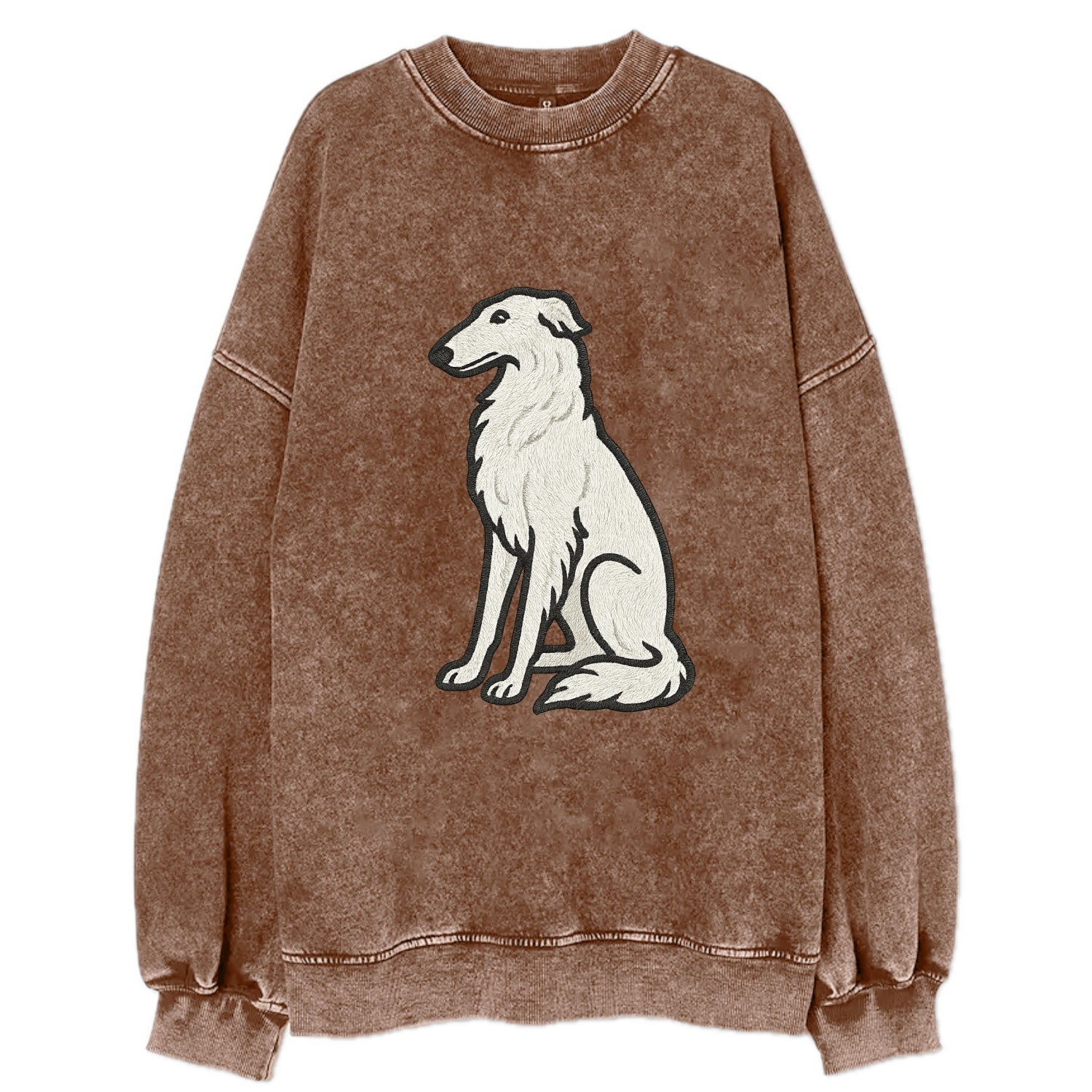 Borzoi - White embroidered sitting pose - Vintage Sweatshirt - Brown