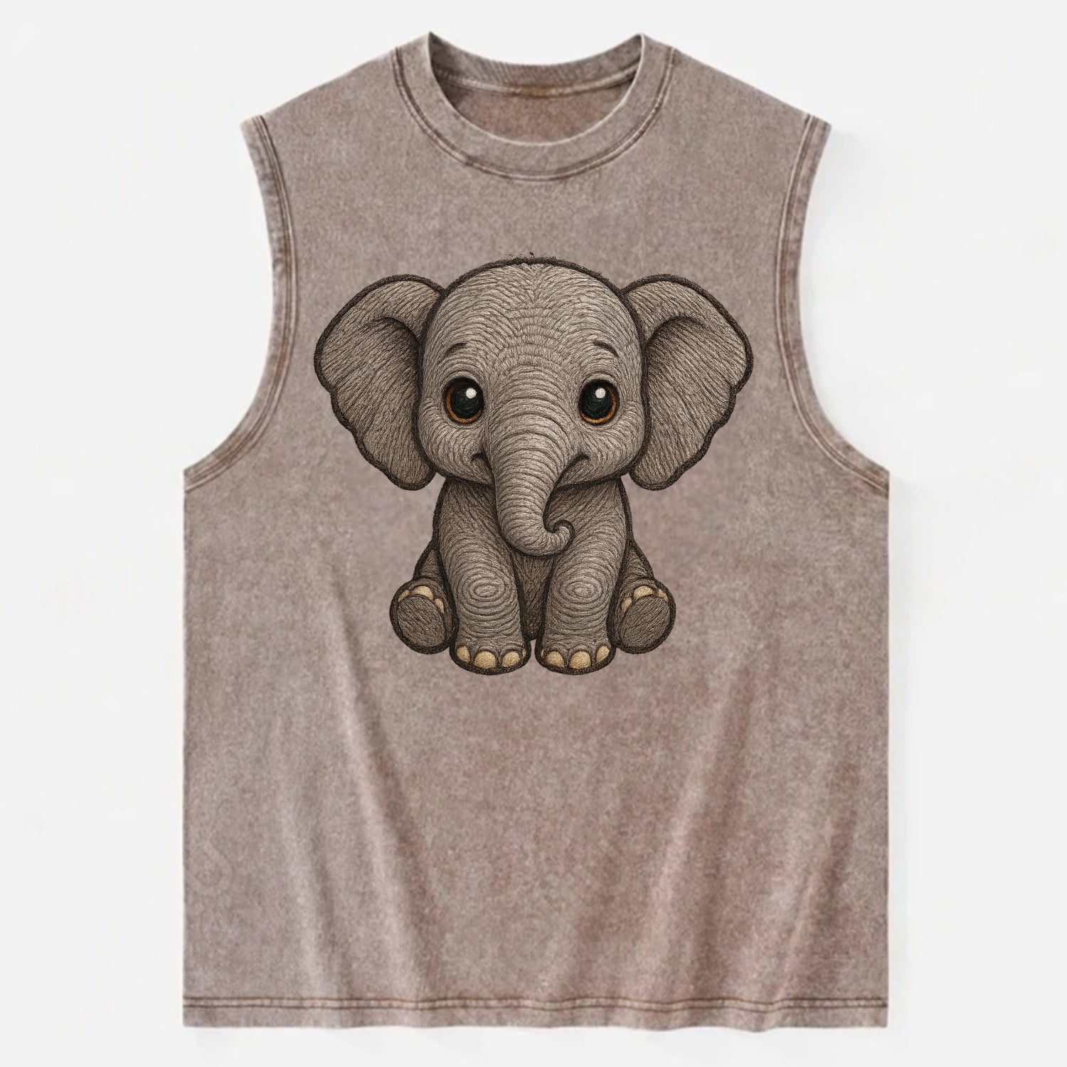 Baby Elephant - gray wrinkly, tiny trunk, large floppy ears, kind dark eyes, - Vintage Washed Tank - Brown