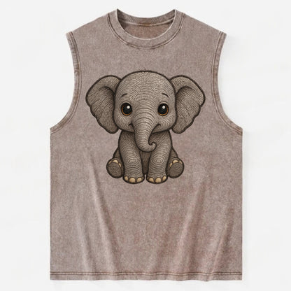 Baby Elephant - gray wrinkly, tiny trunk, large floppy ears, kind dark eyes, - Vintage Washed Tank - Brown