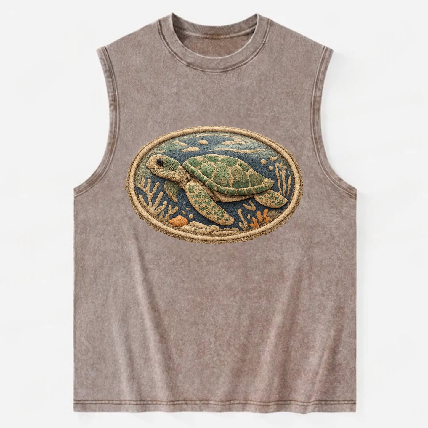 SEA TURTLE - swimming turtle in green and blue , ocean life - Vintage Washed Tank - Brown