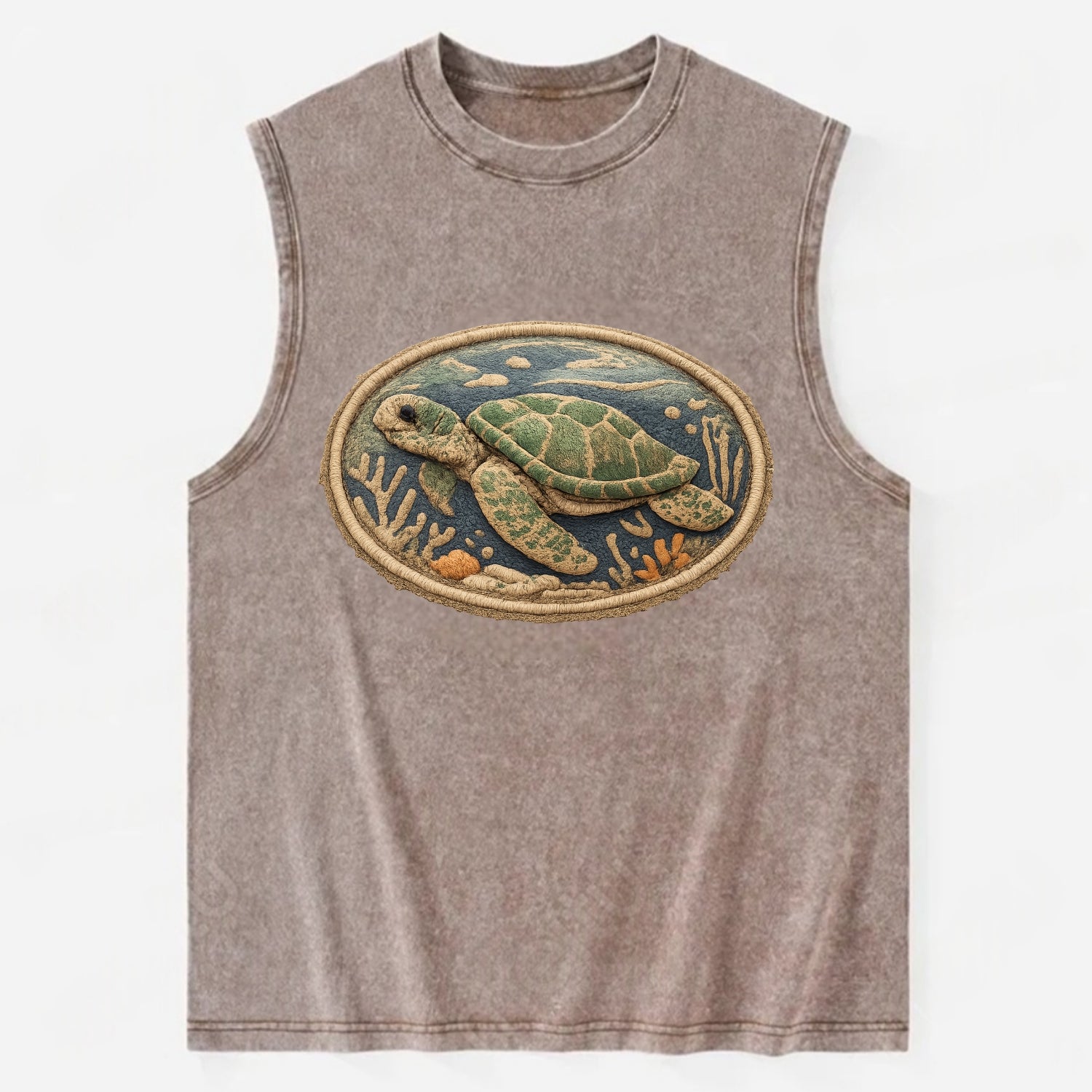 SEA TURTLE - swimming turtle in green and blue , ocean life - Vintage Washed Tank - Brown