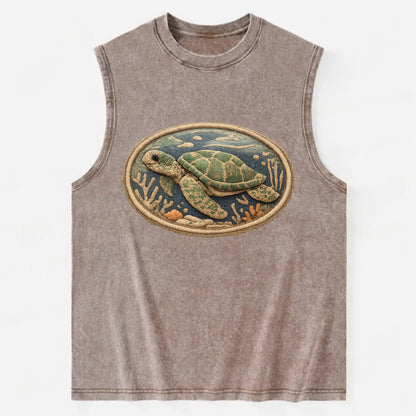 SEA TURTLE - swimming turtle in green and blue , ocean life - Vintage Washed Tank - Brown