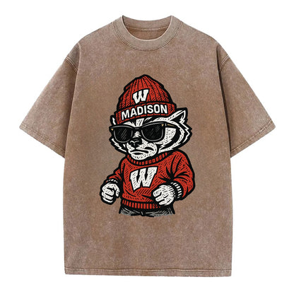 Madison Badger wearing Wisconsin beanie with motion W patch - Vintage T-shirt - Brown