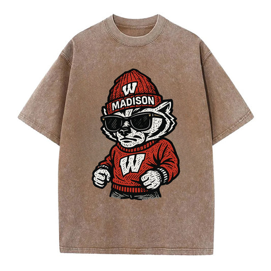 Madison Badger wearing Wisconsin beanie with motion W patch - Vintage T-shirt - Brown