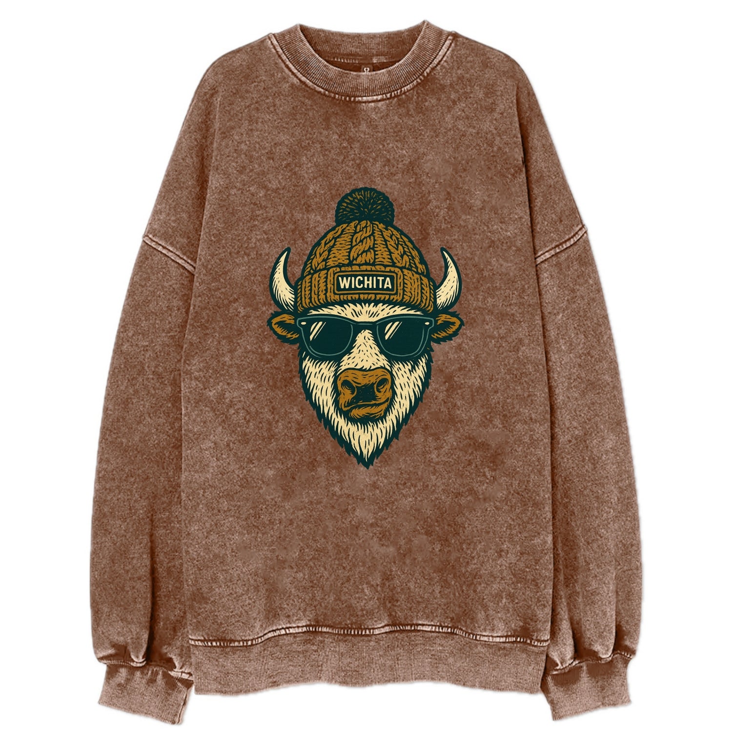 Kansas American Bison wearing Wichita beanie with pom pom and wayfarer - Vintage Sweatshirt - Brown