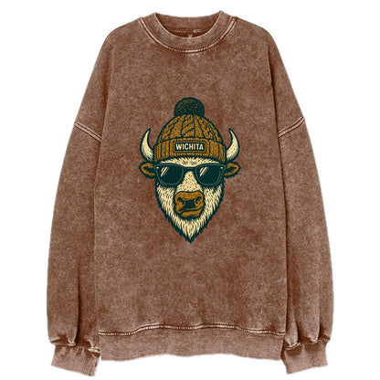 Kansas American Bison wearing Wichita beanie with pom pom and wayfarer - Vintage Sweatshirt - Brown