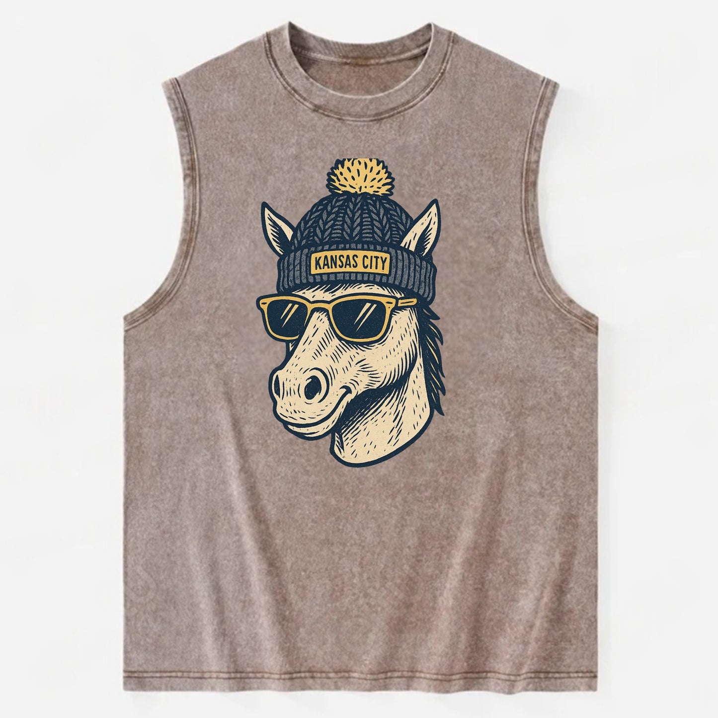 Missouri Mule wearing Kansas City beanie with pom pom and wayfarer sunglasses - Vintage Washed Tank - Brown