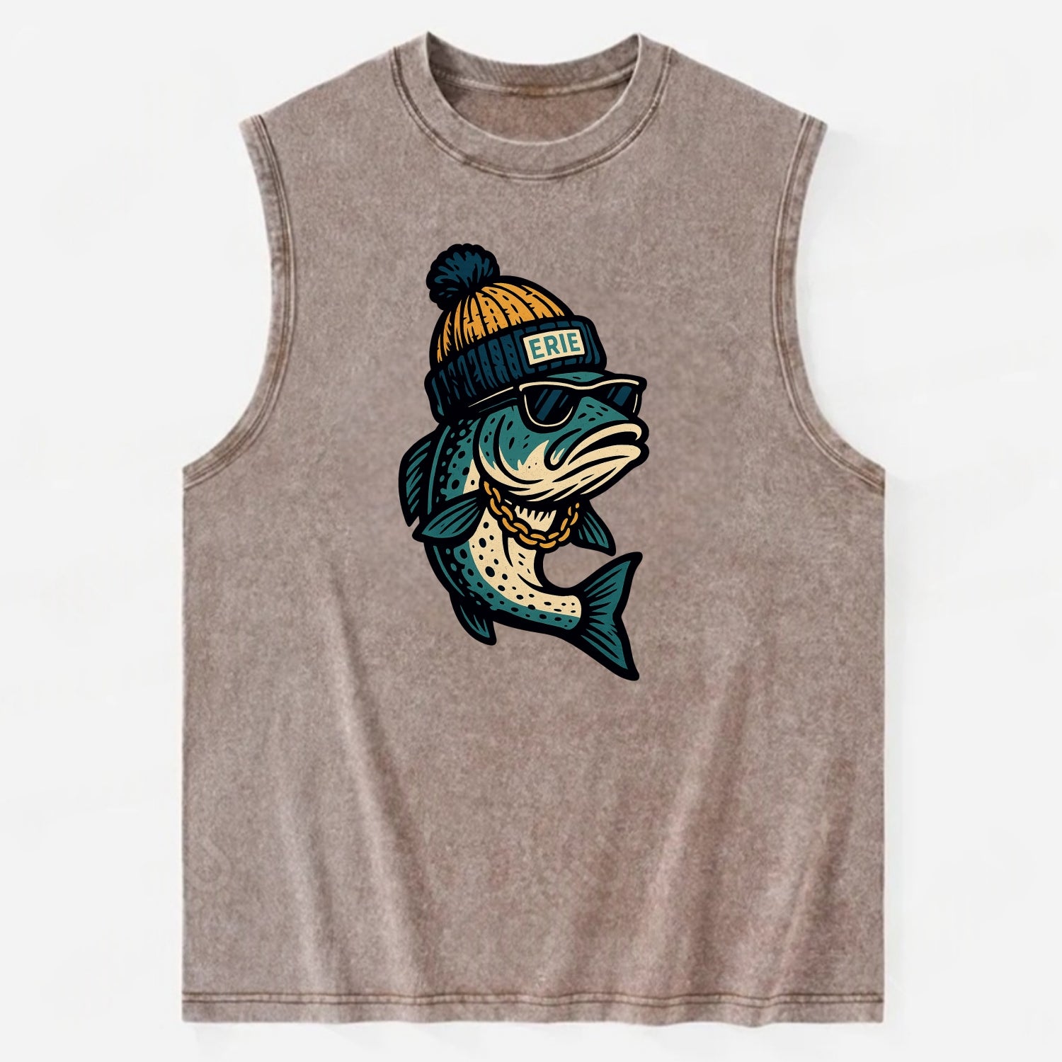 Erie Lake Trout wearing Erie beanie with - Vintage Washed Tank - Brown