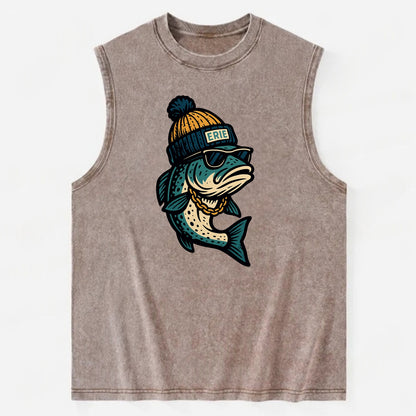 Erie Lake Trout wearing Erie beanie with - Vintage Washed Tank - Brown