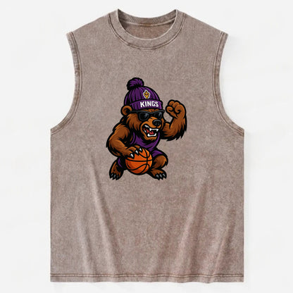 California Grizzly wearing Kings beanie with royal scepter patch and wayfarer - Vintage Washed Tank - Brown