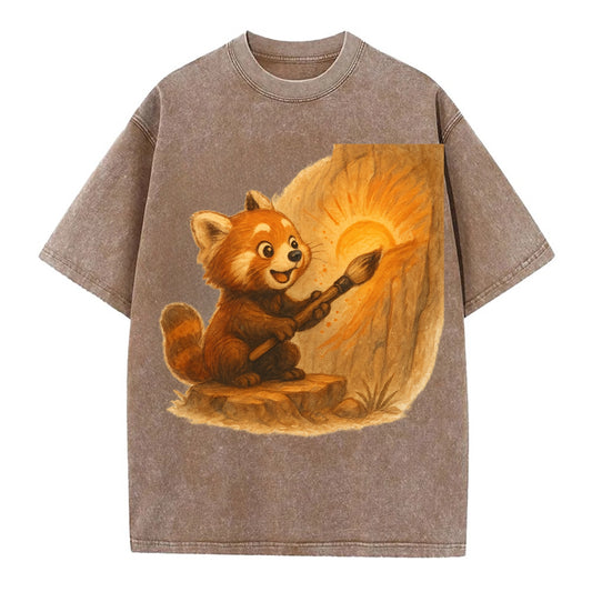 Red panda painting a sunrise mural with an oversized calligraphy brush on a cliff - Vintage T-shirt - Brown