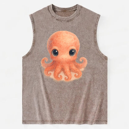 Baby Octopus - red-orange, eight tiny tentacles curled, large intelligent - Vintage Washed Tank - Brown