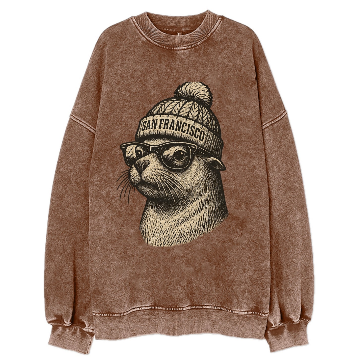 San Francisco Sea Lion wearing San Francisco beanie with pom pom and wayfarer - Vintage Sweatshirt - Brown