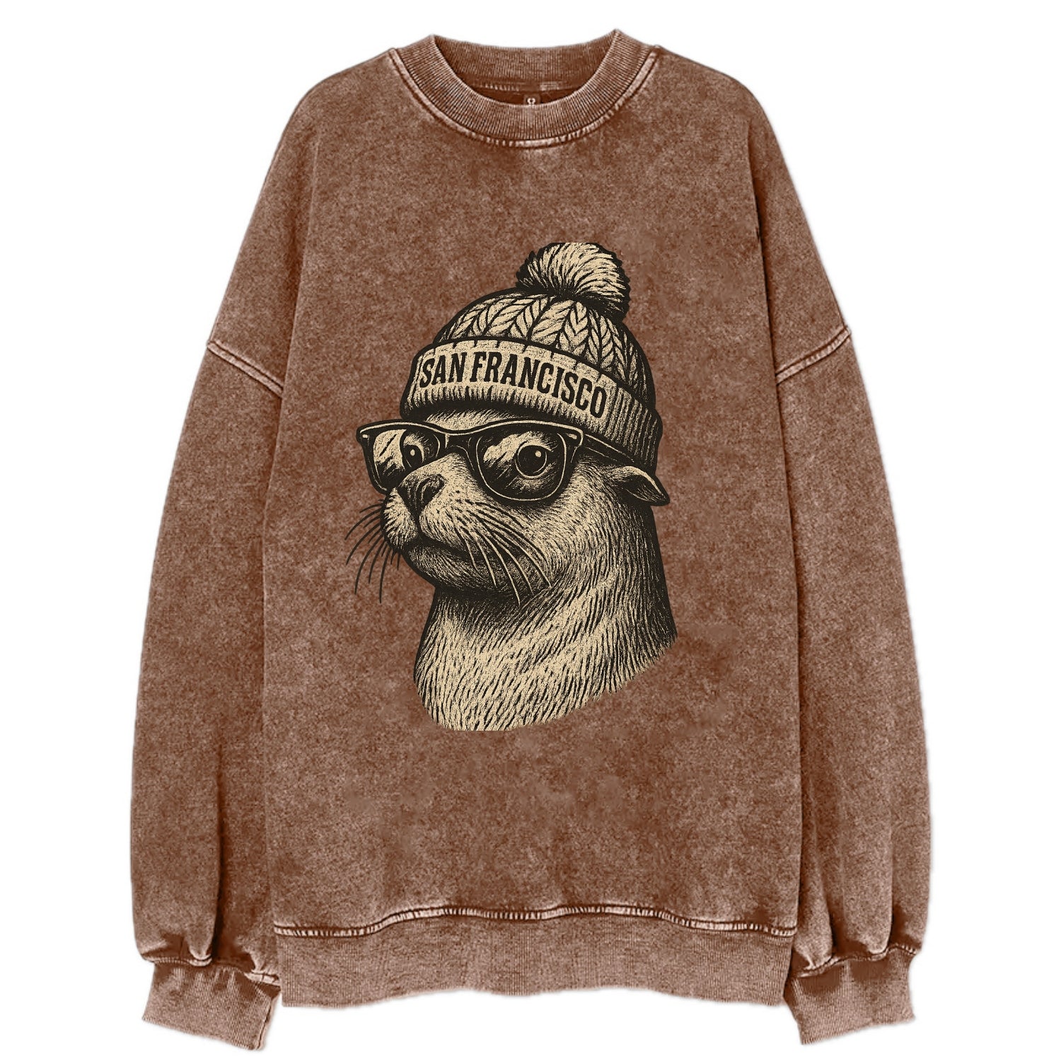 San Francisco Sea Lion wearing San Francisco beanie with pom pom and wayfarer - Vintage Sweatshirt - Brown