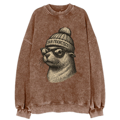 San Francisco Sea Lion wearing San Francisco beanie with pom pom and wayfarer - Vintage Sweatshirt - Brown
