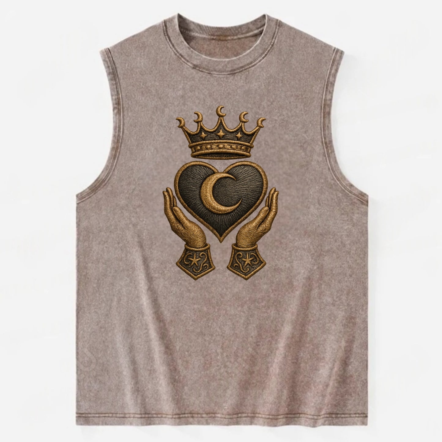 Moonlit crescent crown cradling a hematite heart with stargazer hands cupped - Vintage Washed Tank - Brown