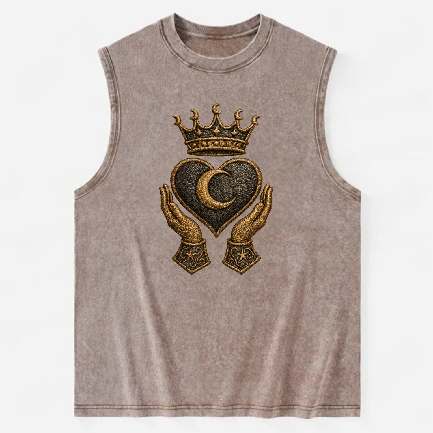 Moonlit crescent crown cradling a hematite heart with stargazer hands cupped - Vintage Washed Tank - Brown