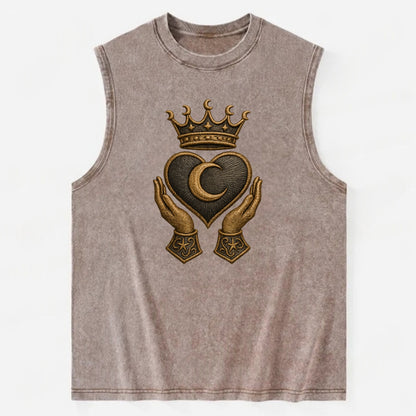 Moonlit crescent crown cradling a hematite heart with stargazer hands cupped - Vintage Washed Tank - Brown