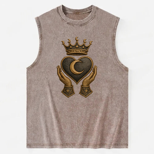 Moonlit crescent crown cradling a hematite heart with stargazer hands cupped - Vintage Washed Tank